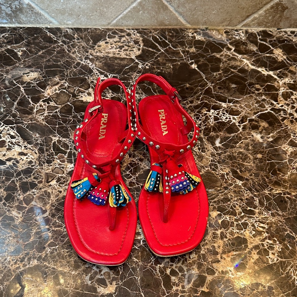 Prada Red Leather Studded Tassel Thong Sandals. Size 38